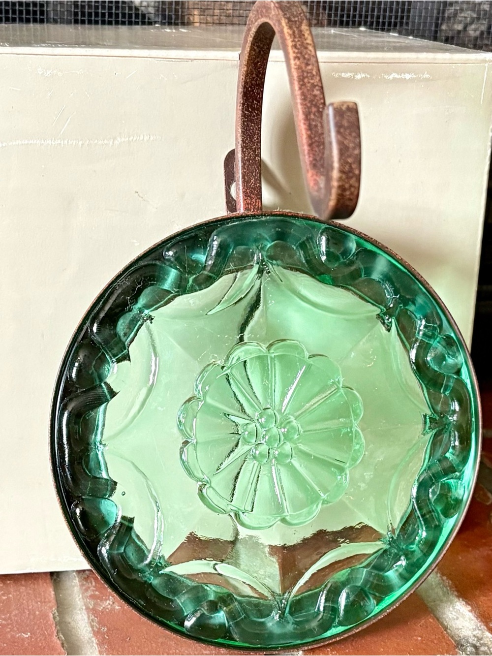 Retired PartyLite La Rosetta hanging lantern Metal & Green Glass Rustic Floral - Picture 9 of 11